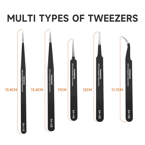 TOWOT Precision Tweezers, Anti-static Stainless Steel Pointed Tweezers for Crafts, Electronics, Soldering, Welding, Experimental Work, and Jewelry Making Industrial Tweezers - style: Flat and Round Tip(120mm)