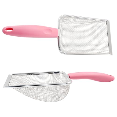 Hordion Cat Litter Scoop Stainless Steel Mesh Scooper, 2mm Mesh Non-Stick Coated Metal Litter Shovel Fine Sand Litter Scooper for Litter Box Kitten Pooper Lifter, Pink