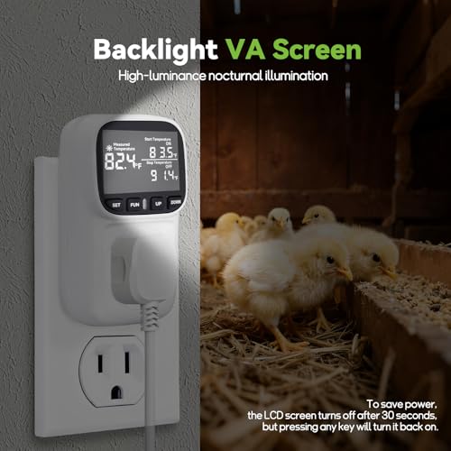 1800W Digital Thermostat for Reptile Tank, -40℉~210℉, Plug in Thermostat for Heater/Greenhouse with 5m/2m Cable, 15A Temperature Controlled Outlet with VA Display, Temp ±0.1°F, White - style: Plug in-White
