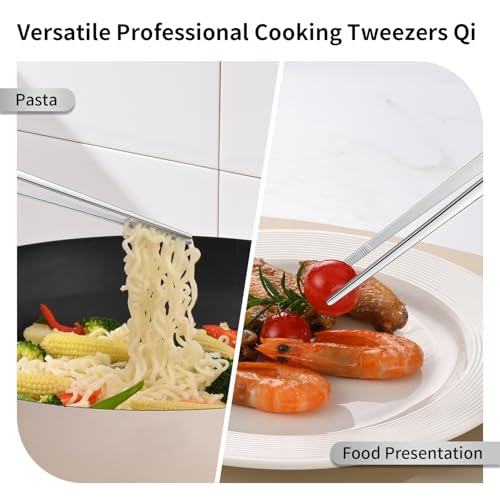 DEHOV 12 Inch Stainless Steel Kitchen Long Food Tweezers For Cooking,Metal Pasta Tongs,Skinny Chef Spaghetti Tongs - color: Silver