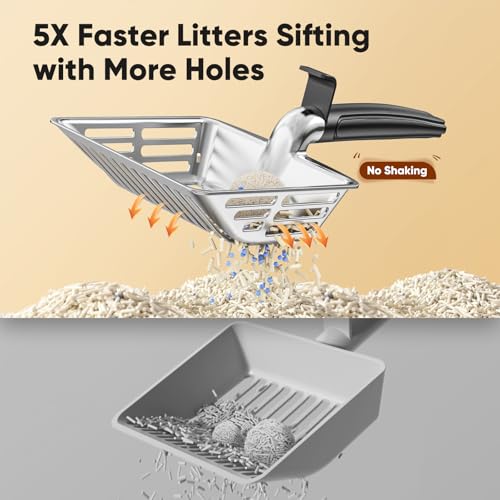 Metal Cat Litter Scoop, Large Cat Scooper with Deep Shovel & Dual Sifting Holes for Fast & Precise Sifting, Space Aluminum Kitty Litter Scooper with Long Handle & Easy-to-Hang Hook - Black - color: Black