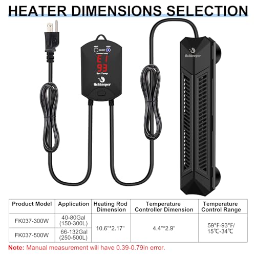 fishkeeper Aquarium Heater, 500 W Adjustable Fish Tank Heater with Digital Display Controller, Submersible Water Heater with Thermostat Over-Temperature Protection for Saltwater Freshwater 66-132 Gal - size: 500W