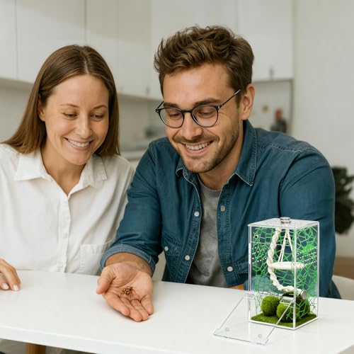 AZV Jumping Spider Enclosure Escape Proof Praying Mantis Habitat Arboreal Tarantula Terrarium with Magnetic Opening Door Baby Spider House Fully Transparent Acrylic Reptile Tank Insect Cage Bug Cribs - size: Small