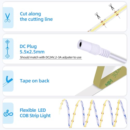 LED Strip Lights 24V COB Daylight White 6000K 16.4ft (No Power Supply) | Super Bright, Dotless High Density 14W/m, 8mm Width Cuttable Flexible, Home DIY White Commercial Lighting - color: White 6000K (Only LED Strip)