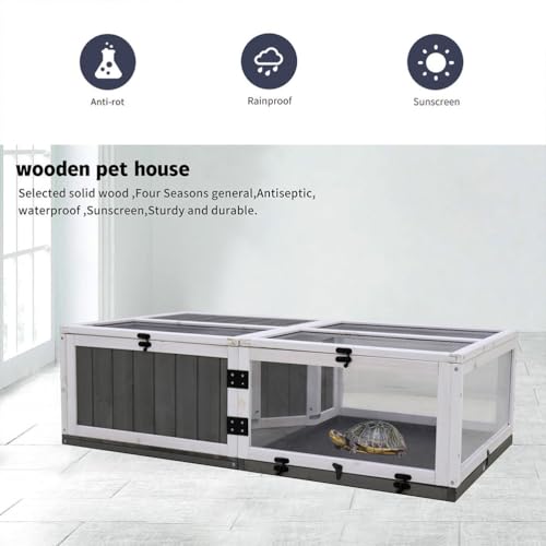 43" Wooden Tortoise Habitat Indoor Outdoor, Large Tortoise Enclosure with 2 Rooms, Waterproof Tray & Acrylic Window, Reptile Terrarium Cage Reptiles Feeding Box for Turtles Lizards Snakes, Grey