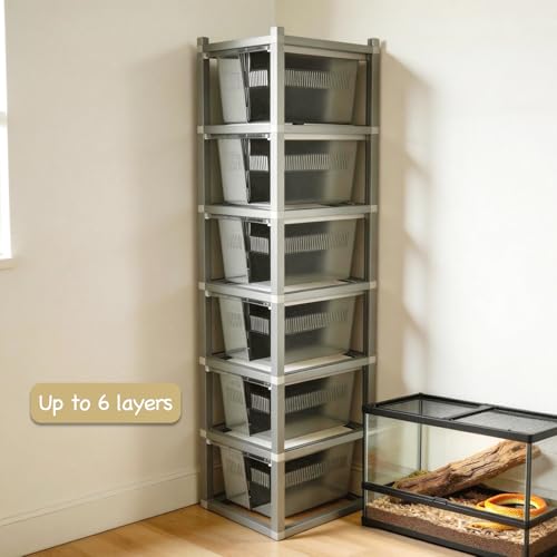 Stackable Reptile Rack with Base, 13x10x8 Inch Reptile Rack Drawer System with Bins, Modular Stackable Gecko Breeding Enclosure with Removable Divider & Ventilated Lid – Expandable up to 6 Levels - size: 13x10x8-base
