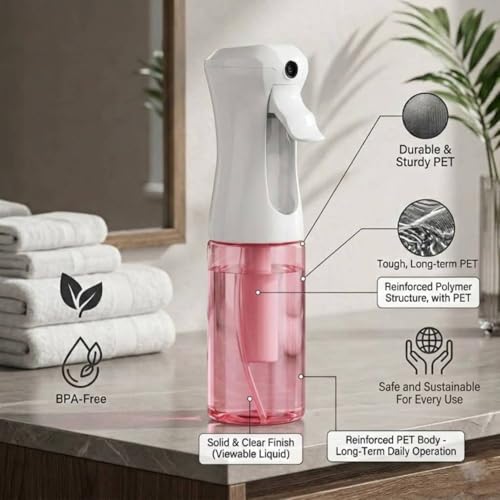 VIGOR PATH Continuous Spray Bottle 200ml/6.7oz Pink - Fine Mist, Leak-Proof, Refillable Hair & Cleaning Sprayer - color: PINK