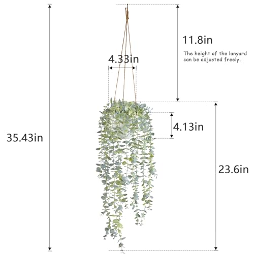Decorative Hanging Plants for Shelf, Faux Ivy Eucalyptus Vine, Fake Greenery in White Pot with Lanyard (Full, Large Pot) - size: Large