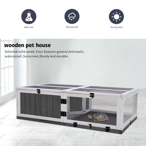 43 Inch Wooden Tortoise Cage, Indoor Outdoor House with Waterproof Trays, Rest and Play Water Area - Durable Acrylic Enclosure, Secure Wire Design, Ideal for Small Reptiles and Amphibians