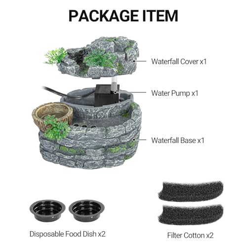 Reptile Water Fountain, Reptile Terrarium Waterfall Drinking Fountain with Food Dish for Bearded Dragon Lizard Leopard Crested Gecko Chameleon Frog