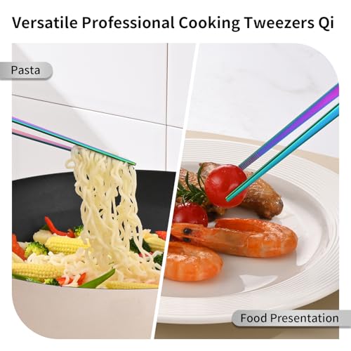 12 Inch Metal Chef Tweezers For Cooking, Rainbow Stainless Steel Cooking Tongs Set Of 2, Colorful Pickle Grabber, Long Pasta Tongs - color: Rainbow