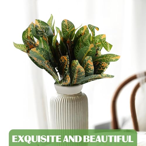Artificial Croton Plant Leaves Faux Greenery Stems 7-Branch Plastic Tropical Foliage for Reptile Tank Terrarium and Indoor Home Garden Decor 4pcs Set
