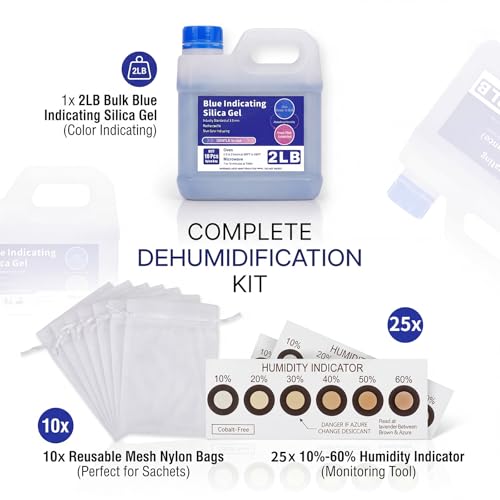 2 Lbs Blue Silica Gel Desiccant Beads, Reusable Indicating Moisture Absorber with 25 Humidity Cards & 10 Mesh Bags for 3D Printer Filament & Electronics