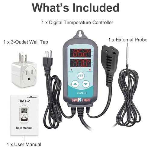 Temperature Controller Plug in Thermostat for Heat Mat & Reptile, 1500W Digital Thermostat Outlet with Probe, Heating & Cooling, Power-Off Memory, 3-Outlet for Multiple Devices