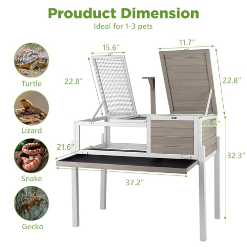 Standing Tortoise Habitat with Lamp Holder in Indoor & Outdoor, Wooden Turtle Enclosure Table with Detachable Legs, Leakproof Tray, Openable Roof for Tortle, Lizard, Chameleon, Grey - size: 37"L x 23"W x 32"H