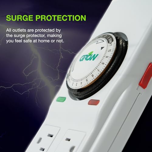 Grow1 8 Outlet Power Strip with Timer & Surge Protector (4 Outlets Always on, 4 Outlets Timed) Great for Aquarium Surge Protector, Reptile Light Timer & Hydroponics Power Strip