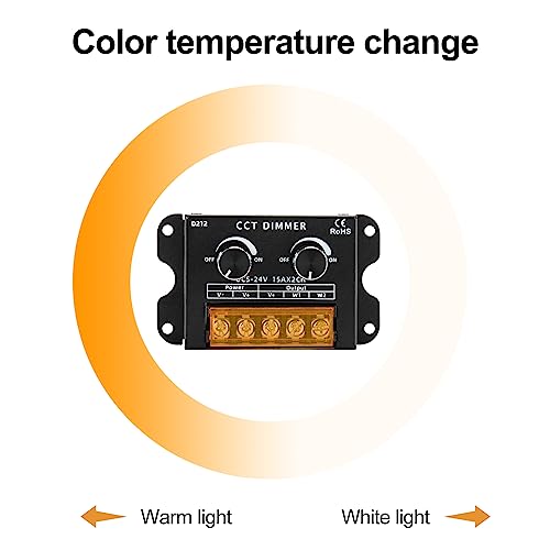 RGBZONE Dual Channel CCT LED Dimmer, DC 5V/12V/24V 30A PWM Dimming Controller, Warm White & Cool White Knob Brightness Adjustment for 5050 3528 LED Strips - color: CCT