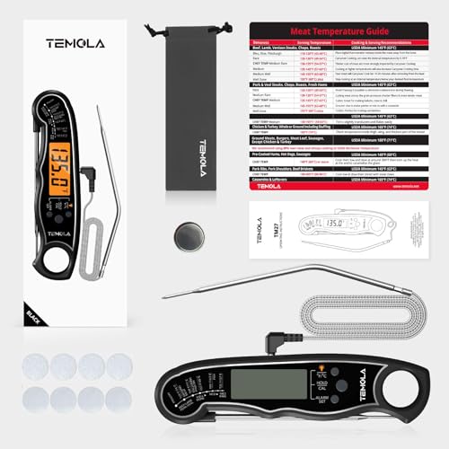 TEMOLA Meat Thermometer, Instant Read Food Thermometer for Cooking, Digital Food Thermometer with LCD Backlight for Candy Fry Grill BBQ Liquids, Kitchen Oven Safe Dual Probe 2 in 1 Thermometer - color: Black