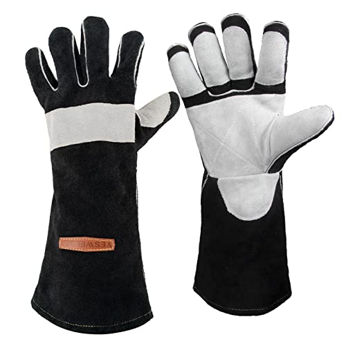 YESWELDER 16 Inches,932℉,Leather Forge MIG Welding Gloves, with Kevlar Stitching Heat/Fire Resistant, Palm Reinforcements, Black-Gray - size: Small, style: Reinforced Palms and Fingers Black White