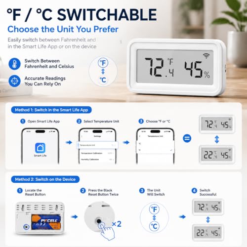 WiFi Temperature Humidity Sensor, Smart Thermometer Hygrometer with Free App Alerts, LCD Display, Calibratable, Data Logger, Indoor Monitor for Home Greenhouse Reptile (1-Pack)