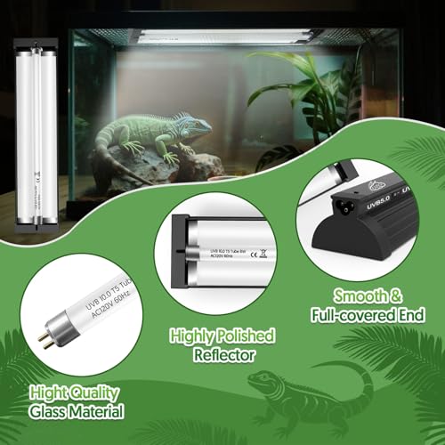 QZQ T5 UVB Reptile Light Fixture Combo Kit 8W, UVB Light for Reptiles with Switchable 5.0 & 10.0 UVB Output, Terrarium Hood Lamp for Bearded Dragon, Snake, Gecko, Tortoise, Lizard - size: 8W-5.0&10.0-12.4IN