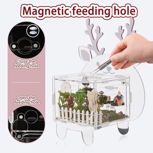 Acrylic Jumping Spider Enclosure 4.7x4.7x3.5 Inches, Magnetic Front Opening Door Escape-Proof Habitat for Tarantulas & Small Reptiles, Cute Deer-Shaped Acrylic Terrarium
