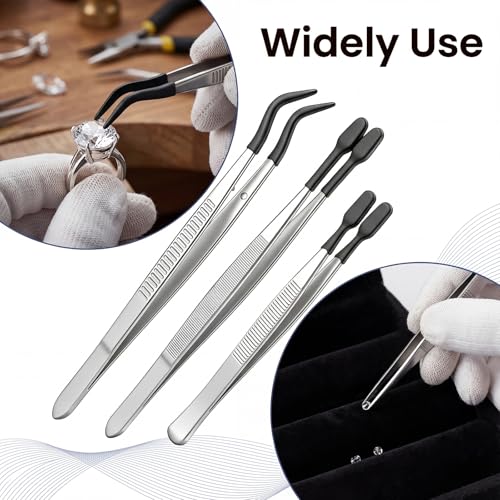 Trinkrittey 3 Pcs Tweezers with Rubber Tips Silicone Bent Flat Tip Tweezers Precision Sticker Craft Tweezer for Stamps Sticker Crafts Jewelry Beads (Black)