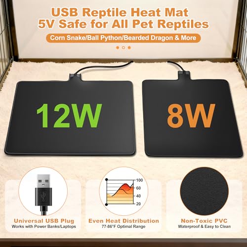 USB Reptile Heat Pad, 6"X8" 8W Heat Mat for Reptiles, Reptile Heating Pad Under Tank Terrarium Heating Mat Waterproof for for Plants, Seeds, Lizard, Snake, Turtle, Hermit Crab - size: 8W