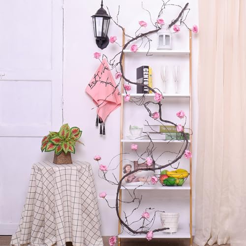 1PCS 300cm/118inch Large Flexible Artificial Tree Fall Vines Twine Wood Branches with Peony Flowers Garland Twig Reptile Climbing Fake Plants for Wedding Arch Christmas Wall Door Hanging Decoration