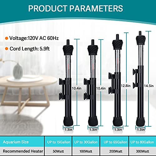 hygger ETL Certification Aquarium Heater, 50W/100W/200W/300W Submersible Fish Tank Thermostat Heater with Firm Double Pair Suction Cups for Coral Saltwater and Freshwater Tank with Thermometer (300W) - size: 300W