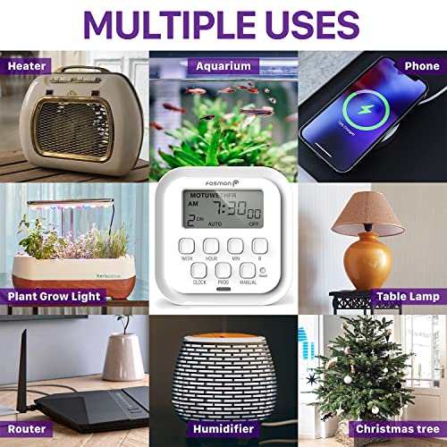 Fosmon 7 Day Digital Timers for Electrical Outlets, Indoor Plug-in Light Timers Switch Programmable, Electric Wall Plug for Lamp, Grow Reptile Lights, Aquarium, 15A/1875W, Grounded- 2 Pack - style: 7 Day Timer with Random Function - 2 Pack