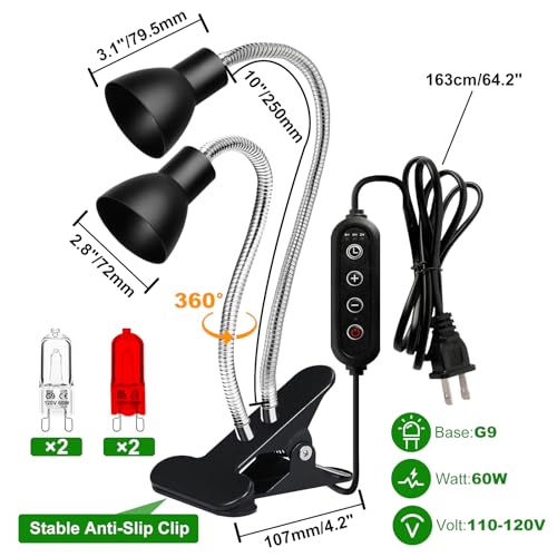 Heat Lamp for Reptile,UVA UVB Light for Turtle,Bearded Dragon Basking Light Bulbs,Dimmable 360°Gooseneck UV Heating Lamp W/ G9 Mini Halogen Bulbs 60W (White*2,Red*2) for Tortoise/Snake/Lizard