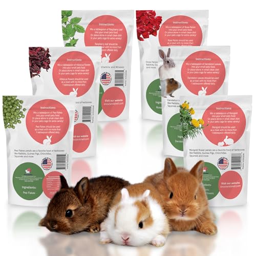Snout and Shell Small Pet Mega Pack – 6 Natural Treats: Pea Flakes, Dandelion, Raspberry Leaf, Marigold, Rose Petals & Hibiscus – For Rabbits, Guinea Pigs, Chinchillas & More – Foraging & Health Boost