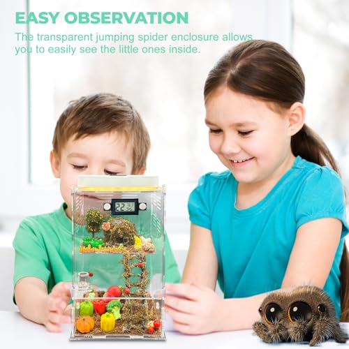 Jumping Spider Enclosure,DIY Insects Habitat,Small Reptile Terrarium Glass House Accessories Set,with Temperature and Humidity Detector Water Feeder Platform Hide,5.5“x5.5”x9.5“ (Farm) - color: Farm