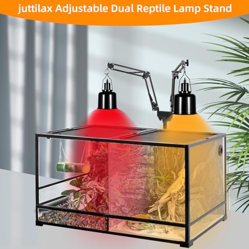 Dual Reptile Heat Lamp Stand, Adjustable Reptile Light Stand (15.7-74.3inch) with 360° Swing Arm and Anti-tip Clip, Lamp Holder for Terrarium, Amphibians Cage and Plants