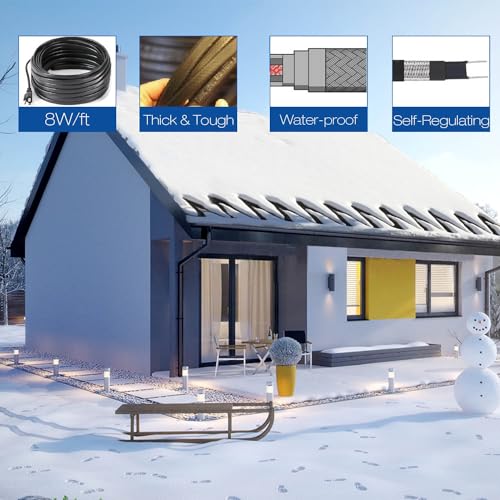 H&G Lifestyles 8W/FT Roof Heat Cable for Roof and Gutters, 140FT | Self-Regulating Heaters to Prevent Ice Dams,Heavy Duty Heat Tapes for Snow De-icing, 8Watts per Foot Patented Technology - color: 140-feet
