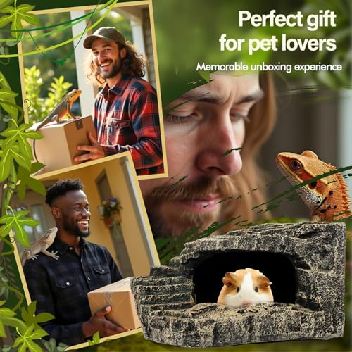 Reptile Hide, Great for Geckos, Snakes, Bearded Dragons & Lizards. with Steps for Rock Climbing, It Doubles as Aquarium Rock Cave Corner Cave for Climbing Hiding. (Stone, A-XLarge)