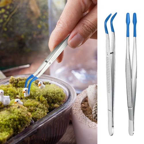 2 Piece Tweezers with Rubber Tips Set - Bent and Straight Flat Tips Tweezers PVC Coated for Stamp Coins Jewelry Crafts, Electronics(Silver, Blue) - color: Silver, Blue