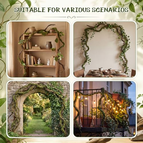 3 Pcs Large Bendable Fake Branch Set 47" Green Dried Rattan 51" Brown Large Tree Branch 47" Mossy Brown Twig Bundle Fake Tree Branches Decor for Home Wedding Jungle Party Greenery Backdrop