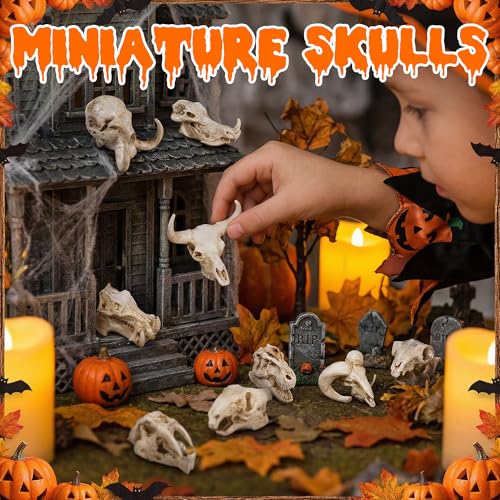 Exasinine 16 Pcs Mini Resin Animal Skull Heads Figurines 1.5 Inch Mini Skulls Figurines Highly Detailed Miniature Animal Skull for Halloween Crafts Gothic Decor Terrarium Micro Landscape Decor