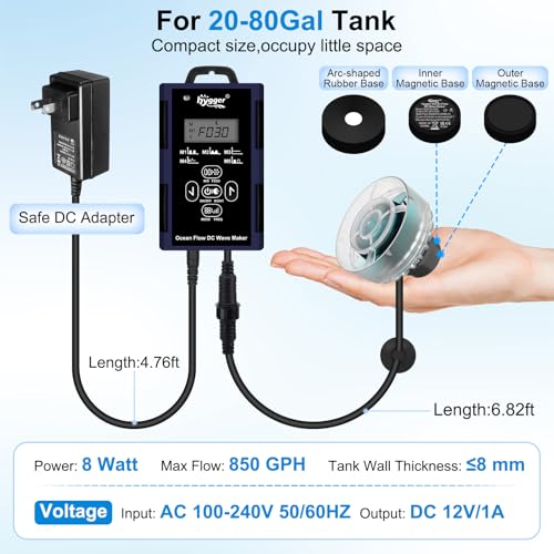 hygger Mini Wave Maker For Aquarium, Ultra-quiet Transparent Wavemaker With Controller, Adjustable Flow Magnetic DC 12V 850GPH Powerhead, Circulation Pump For 20-80Gallon Freshwater Coral Reef Tank - size: 8W