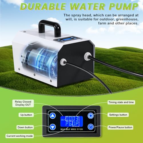 Outdoor Misting Cooling System High Pressure Misters for Outside Patio with Pump Kit, 65.6FT Misting Line with Brass Mist Nozzles Self Priming Sprayer Misters for Chicken Coop Garden Greenhouse
