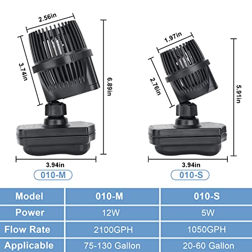 hygger 2100 GPH Aquarium Wave Maker Pump with Strong Magnetic Suction Base, Ultra-quiet 360 Degree Rotating Submersible Power Head, for 75-130 Gal Freshwater Saltwater Tank - size: 2100GPH (12W)