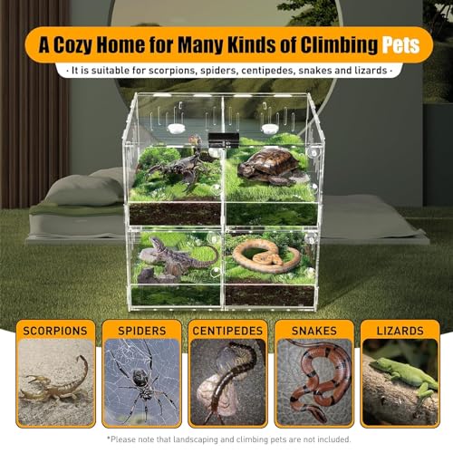 Reptile Terrariums, 4 Grids Acrylic Reptile Tank, Habitat Terrarium Enclosure for Small Ground Dwelling Reptiles, Amphibians, Spiders & Other Invertebrates