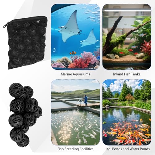 600 Pcs Bio Filter Balls with 6 Pieces Filter Media Bags Mesh Bags with Zipper 1.02 Inch Black Internal Bioballs Filter Media for Pond Fish Tank Aquarium