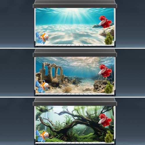 COMSUN 3 Pack Aquarium Background, 48x18 inches Polyester Aquarium Background, Cloth Fish Tank Background, Undersea Ruins Floor Sunshines & Tree Wood Branches Aquatic Plants - size: 48x18 Inch
