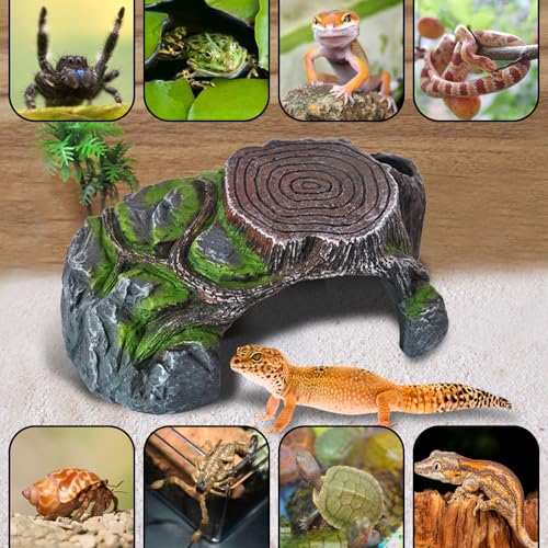 Resin Reptile Hide Cave,Leopard Gecko Cave Hideout Reptiles Habitat Tree Stump Decor Lizard Tank Climbing Ramp Basking Platform Accessories for Gecko Hermit Crab Small Turtle Frog Spider Scorpion