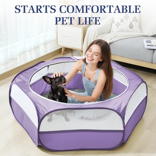2-in-1 Small Animals Playpen with Pad, Waterproof Small Pet Cage Tent with Reusable Pad, Portable Outdoor Yard Fence with 3 Metal Rod for Chick/Kitten/Puppy/Guinea Pig/Rabbits/Chinchillas, Purple+Gray - color: U-Purple+Gray