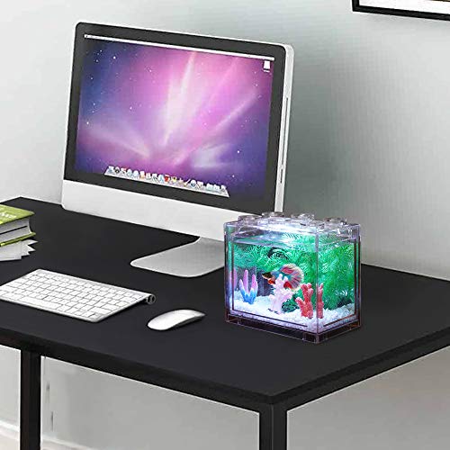 Oltraman Small Betta Fish Tank, Aquarium Tank Kit with LED Lighting, 0.6 Gallon Stackable Fighting Fish Tank Set, Fish Bowl Accessories for Turtle Reptile Shrimp Crab Insects as Decoration