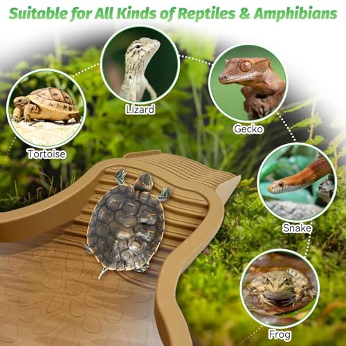 PINVNBY Large Reptile Bathing Pool Tortoise Water Dish with Removable Ramp and Leaf Reptile Food Dish & Water Bowl Tortoise Habitat Accessories for Turtle Lizard Gecko Snake (Yellow)